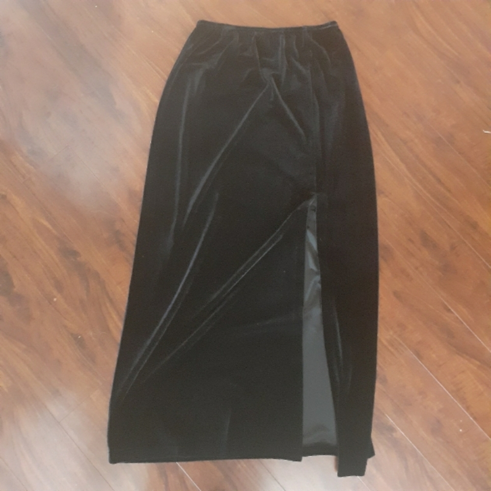 Ronni Nicole Petite Black Faux Velvet Pencil Skirt High Slit Minimalist Y2k 90s